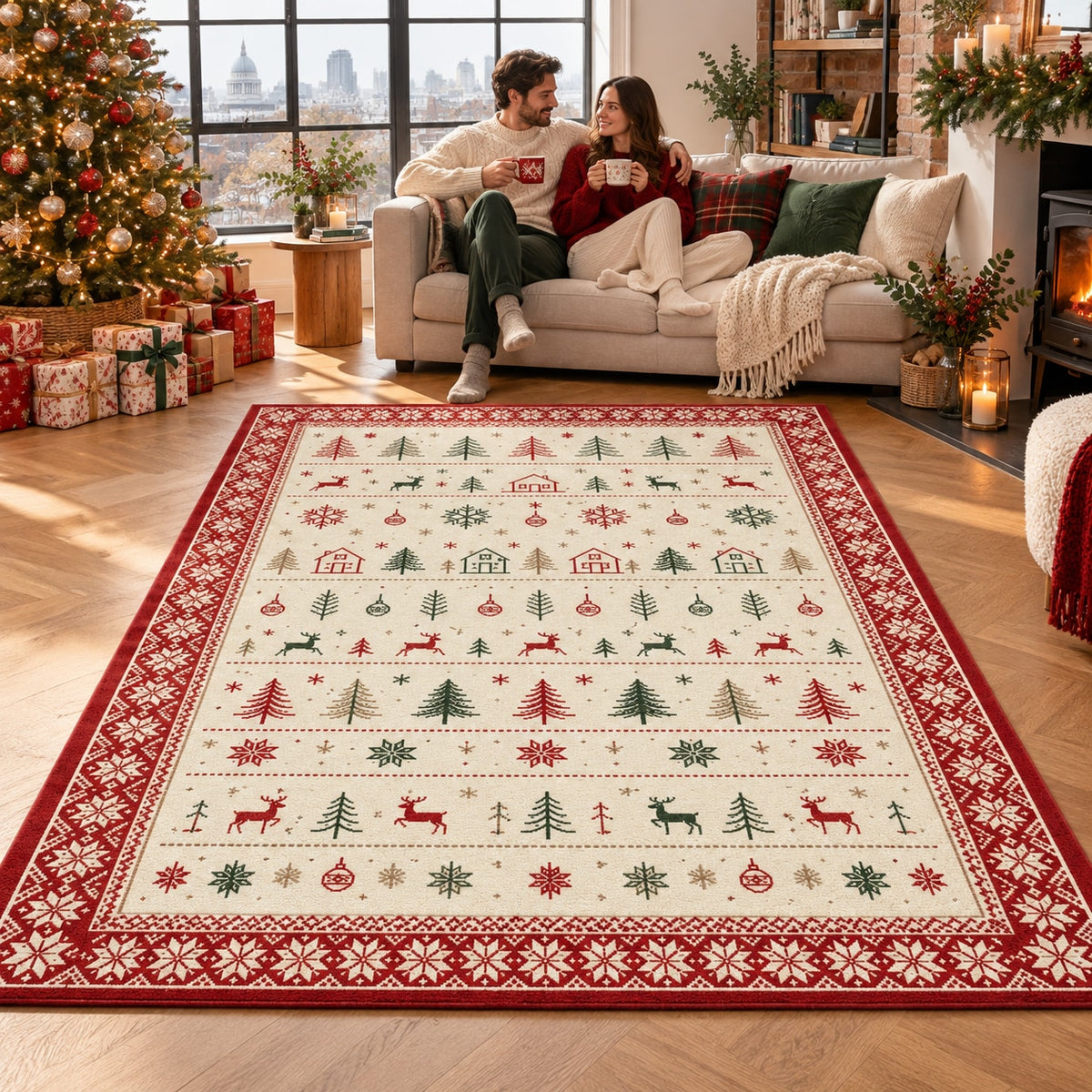 Scandi Christmas Rows Washable Rug RW8029 styled in a festive living room – view 10