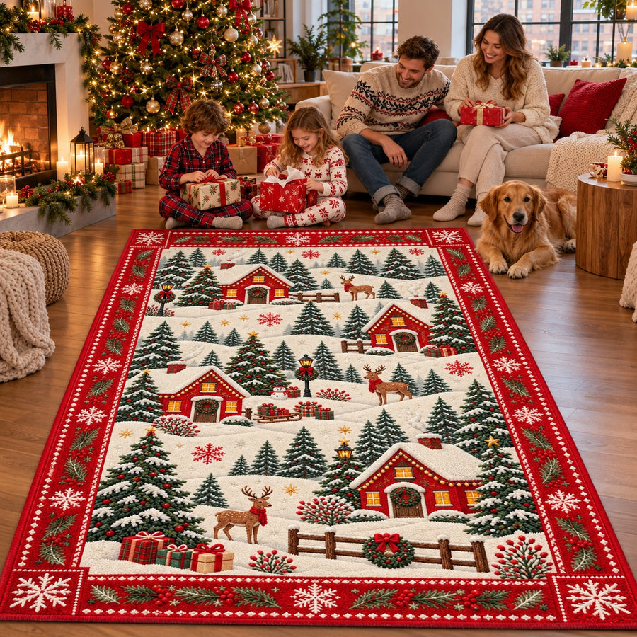 Snowy Village Washable Christmas Rug RW8030 styled in a festive living room – view 1