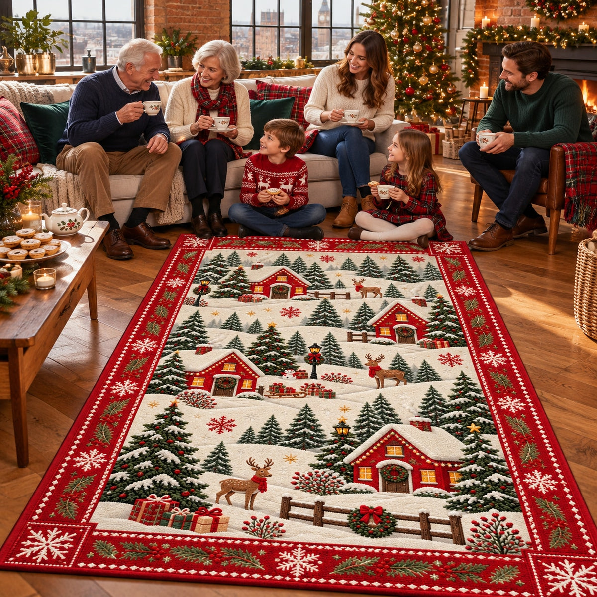 Snowy Village Washable Christmas Rug RW8030 styled in a festive living room – view 3