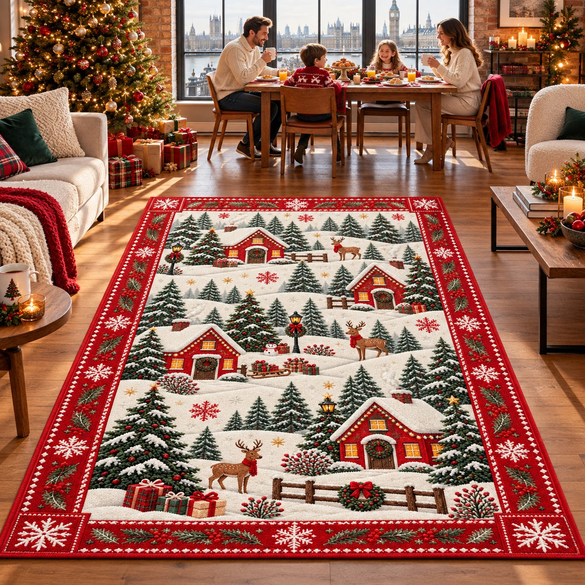 Snowy Village Washable Christmas Rug RW8030 styled in a festive living room – view 4