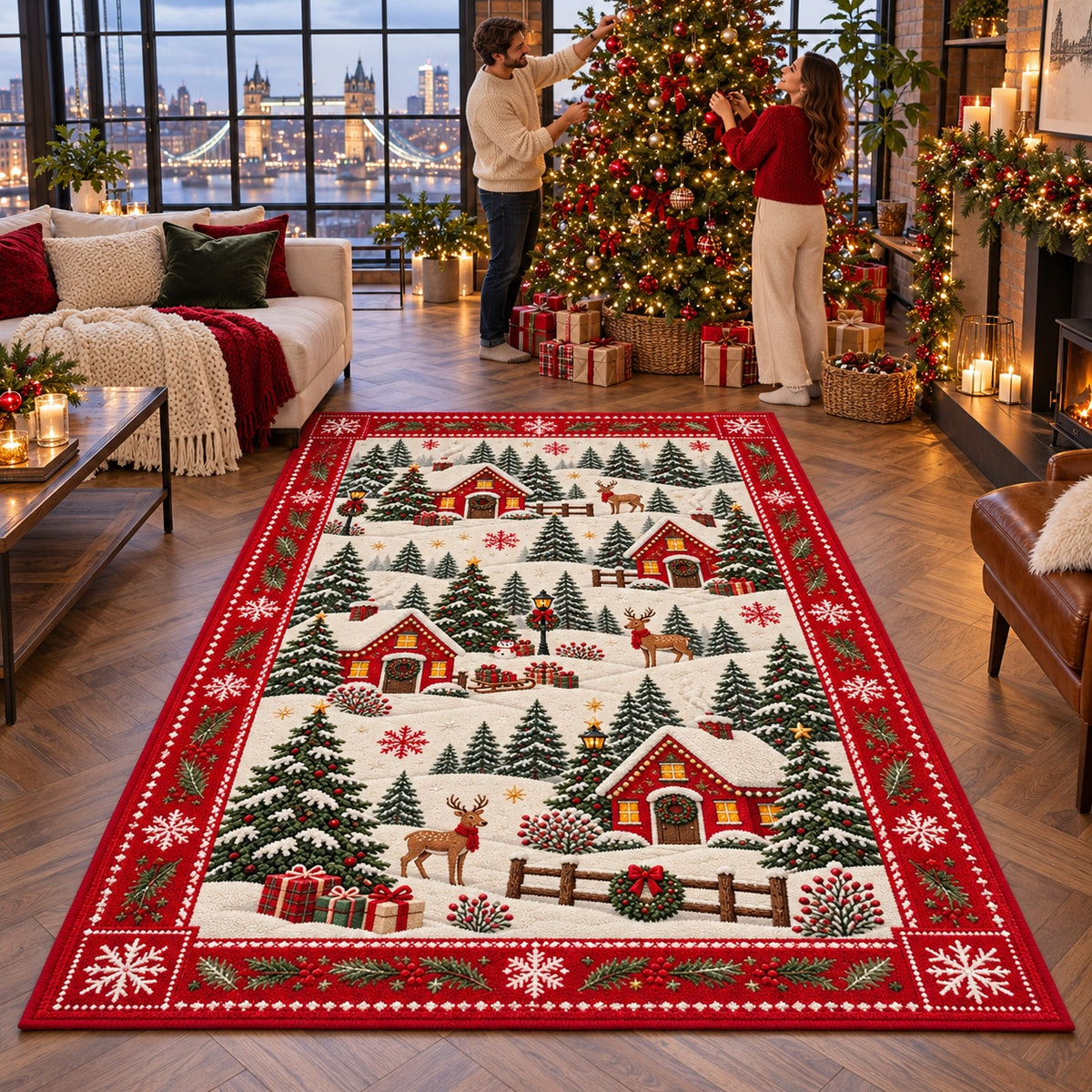 Snowy Village Washable Christmas Rug RW8030 styled in a festive living room – view 5