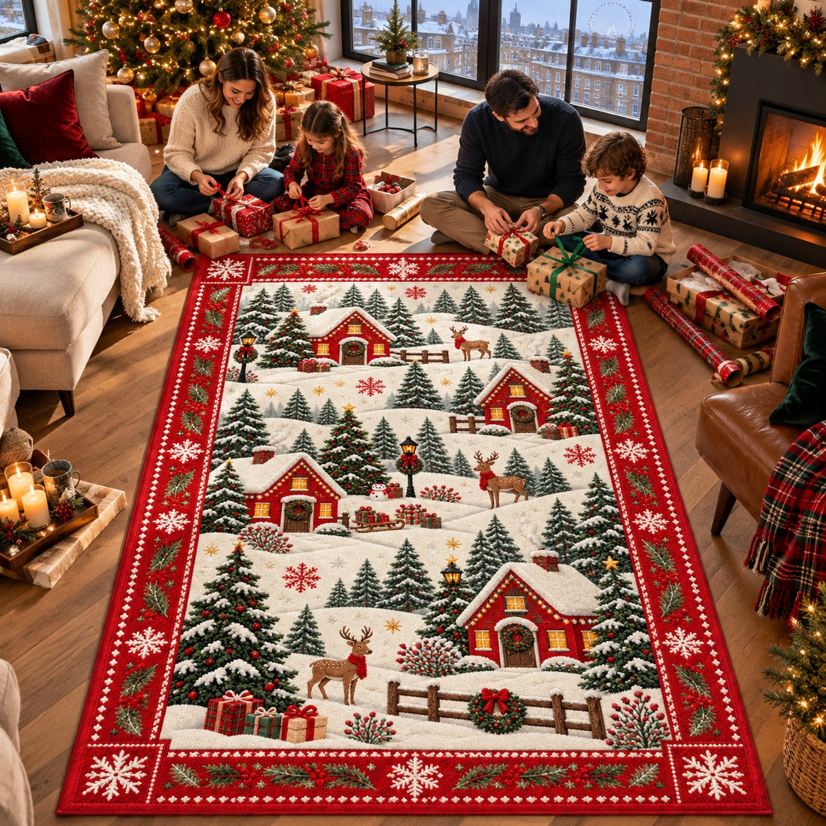 Snowy Village Washable Christmas Rug RW8030 styled in a festive living room – view 6