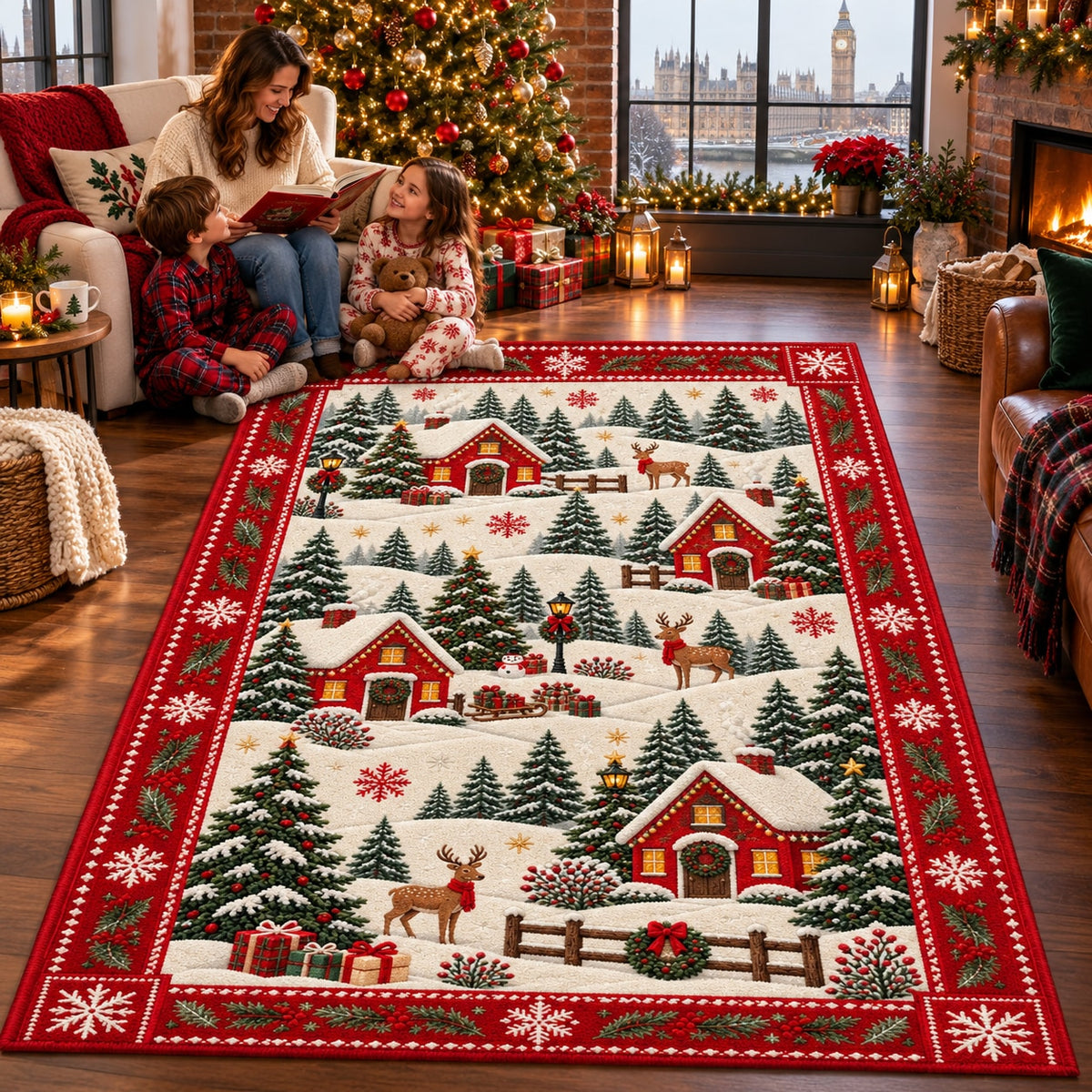 Snowy Village Washable Christmas Rug RW8030 styled in a festive living room – view 7