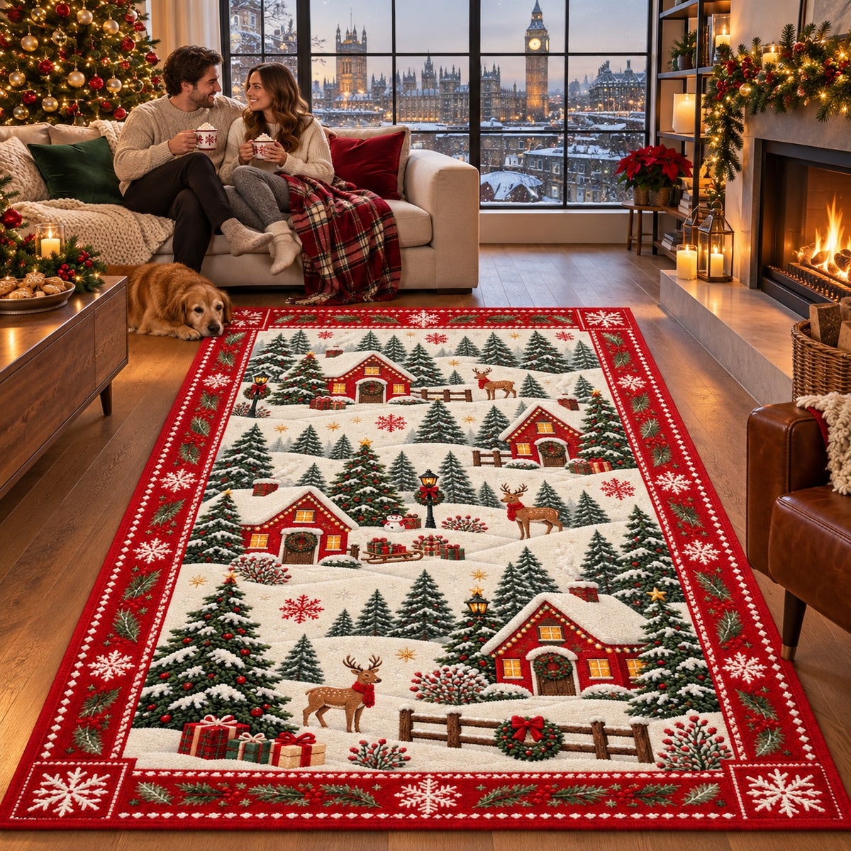 Snowy Village Washable Christmas Rug RW8030 styled in a festive living room – view 10