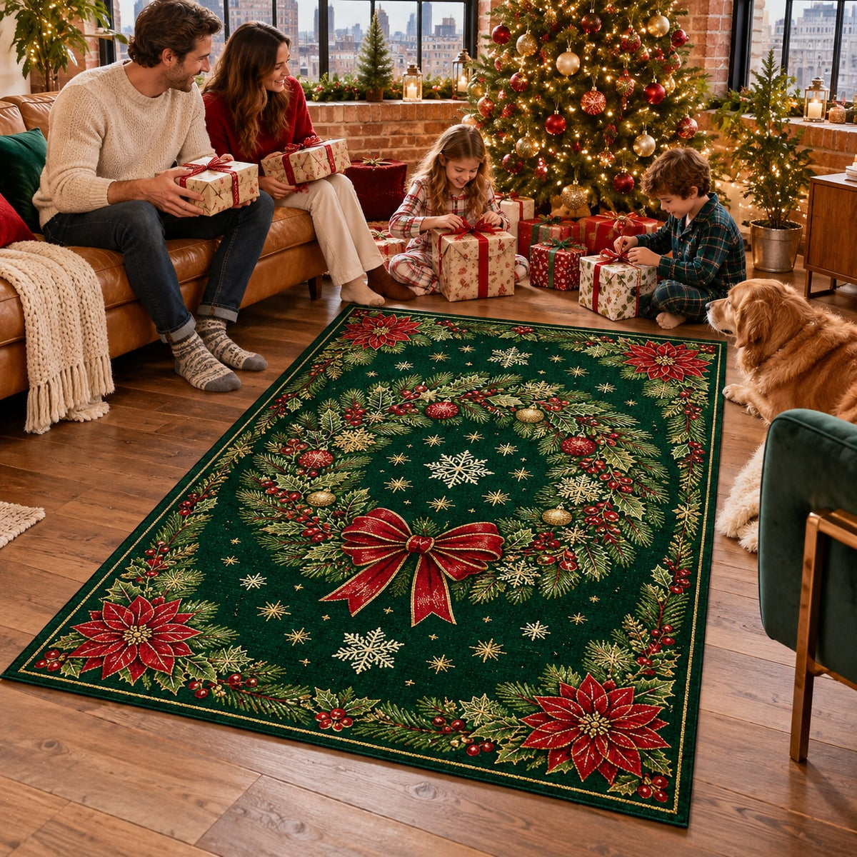 Green Wreath Washable Christmas Rug RW8031 styled in a festive living room – view 1