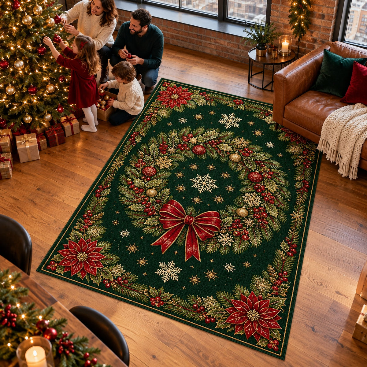 Green Wreath Washable Christmas Rug RW8031 styled in a festive living room – view 3