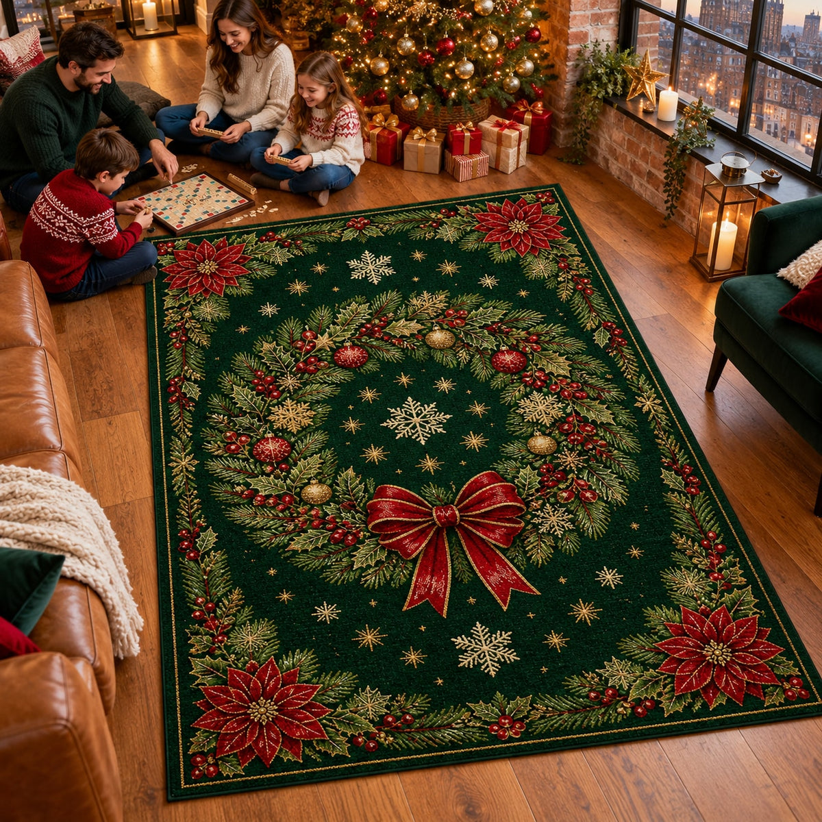 Green Wreath Washable Christmas Rug RW8031 styled in a festive living room – view 5