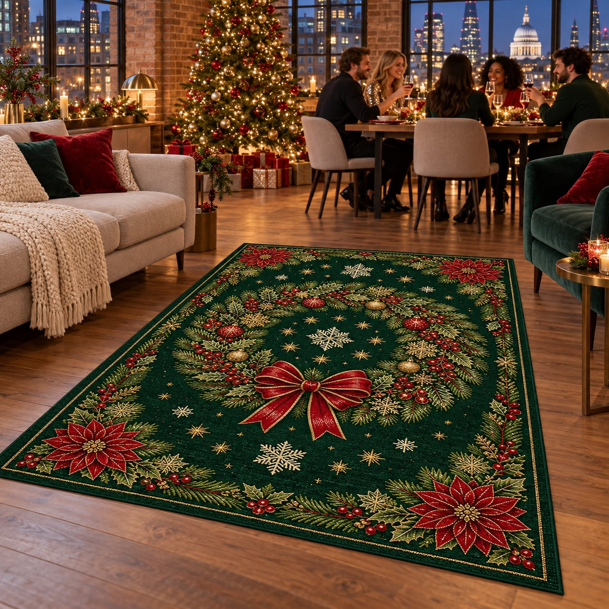 Green Wreath Washable Christmas Rug RW8031 styled in a festive living room – view 6