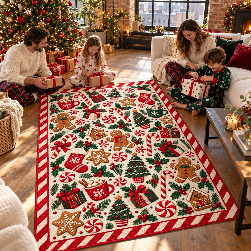Candy & Gingerbread Washable Christmas Rug RW8032 styled in a festive living room – view 1