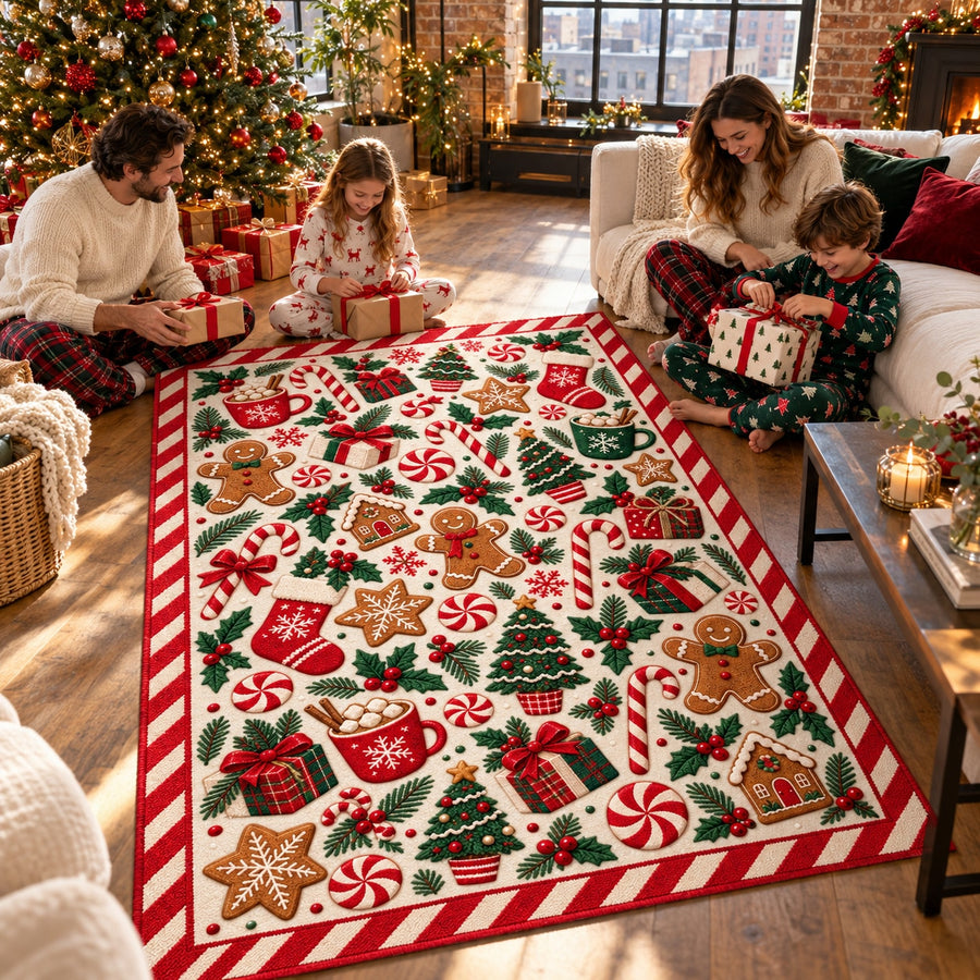 Candy & Gingerbread Washable Christmas Rug RW8032 styled in a festive living room – view 1