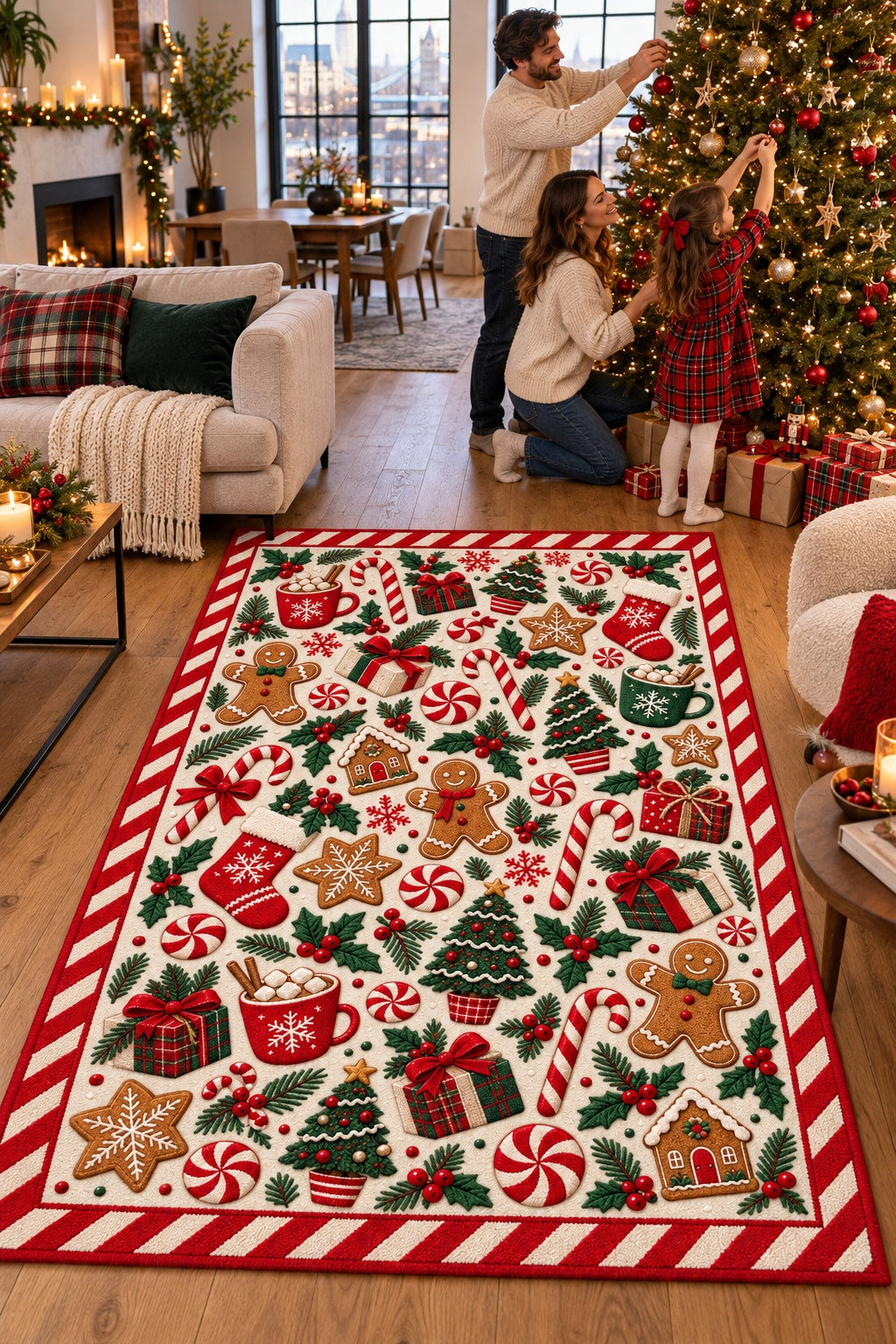 Candy & Gingerbread Washable Christmas Rug RW8032 styled in a festive living room – view 3