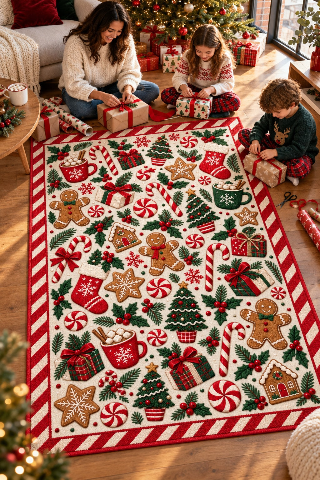 Candy & Gingerbread Washable Christmas Rug RW8032 styled in a festive living room – view 5
