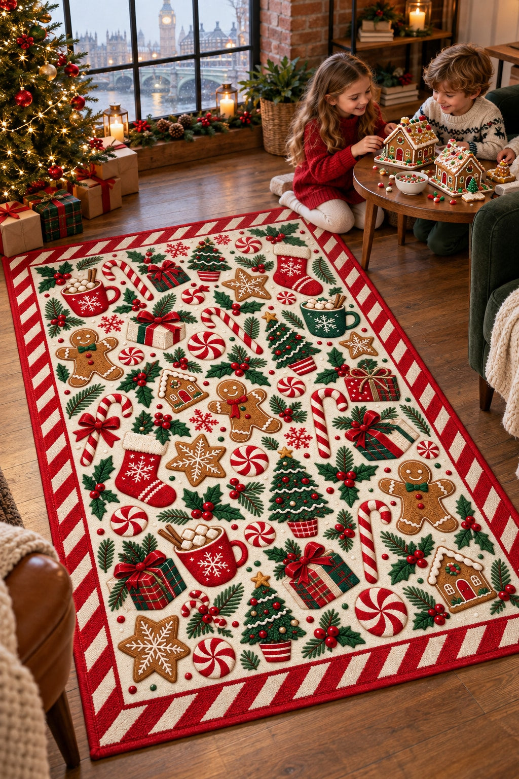 Candy & Gingerbread Washable Christmas Rug RW8032 styled in a festive living room – view 7