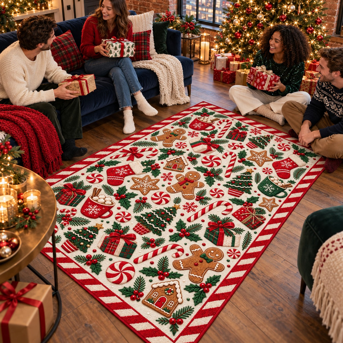 Candy & Gingerbread Washable Christmas Rug RW8032 styled in a festive living room – view 9