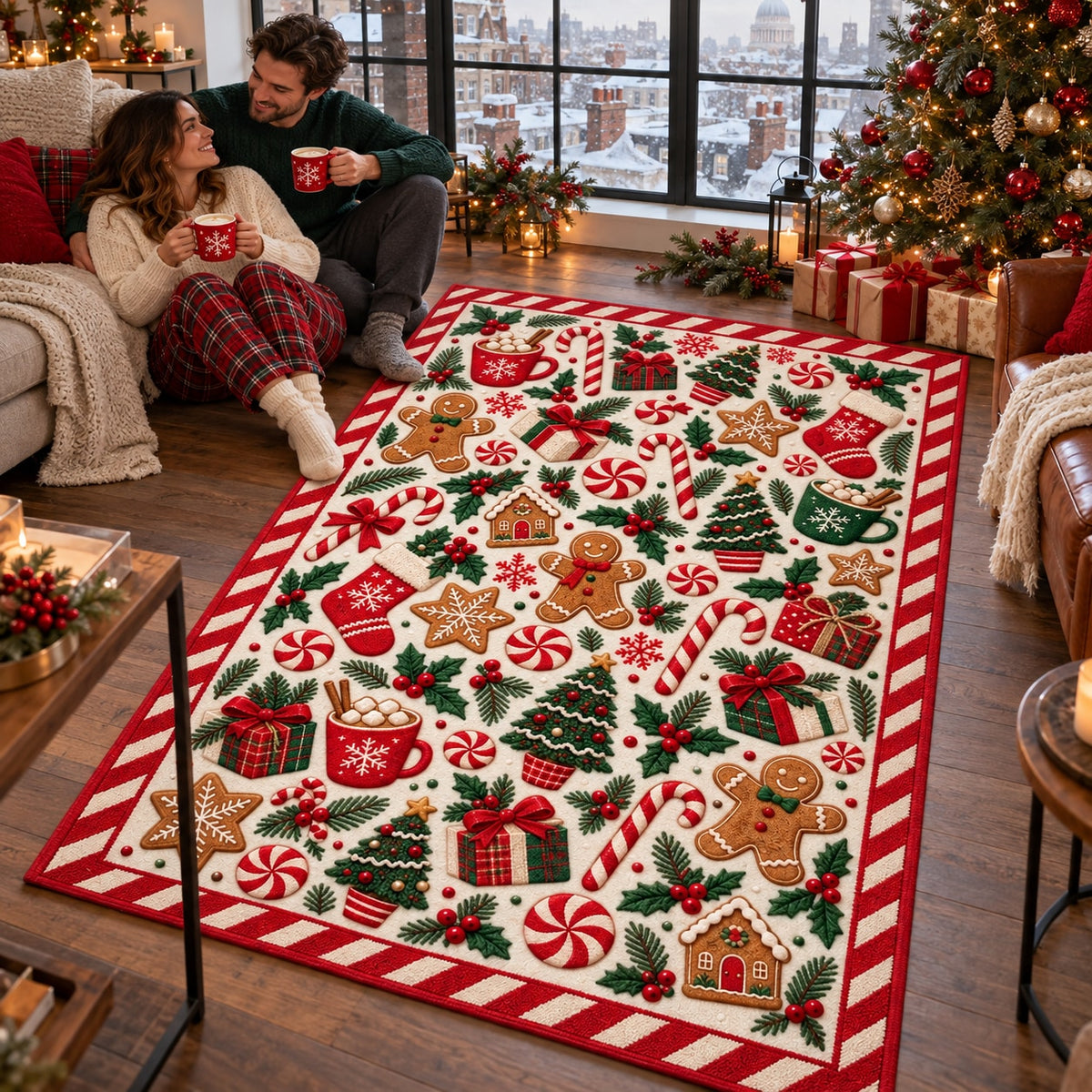Candy & Gingerbread Washable Christmas Rug RW8032 styled in a festive living room – view 10