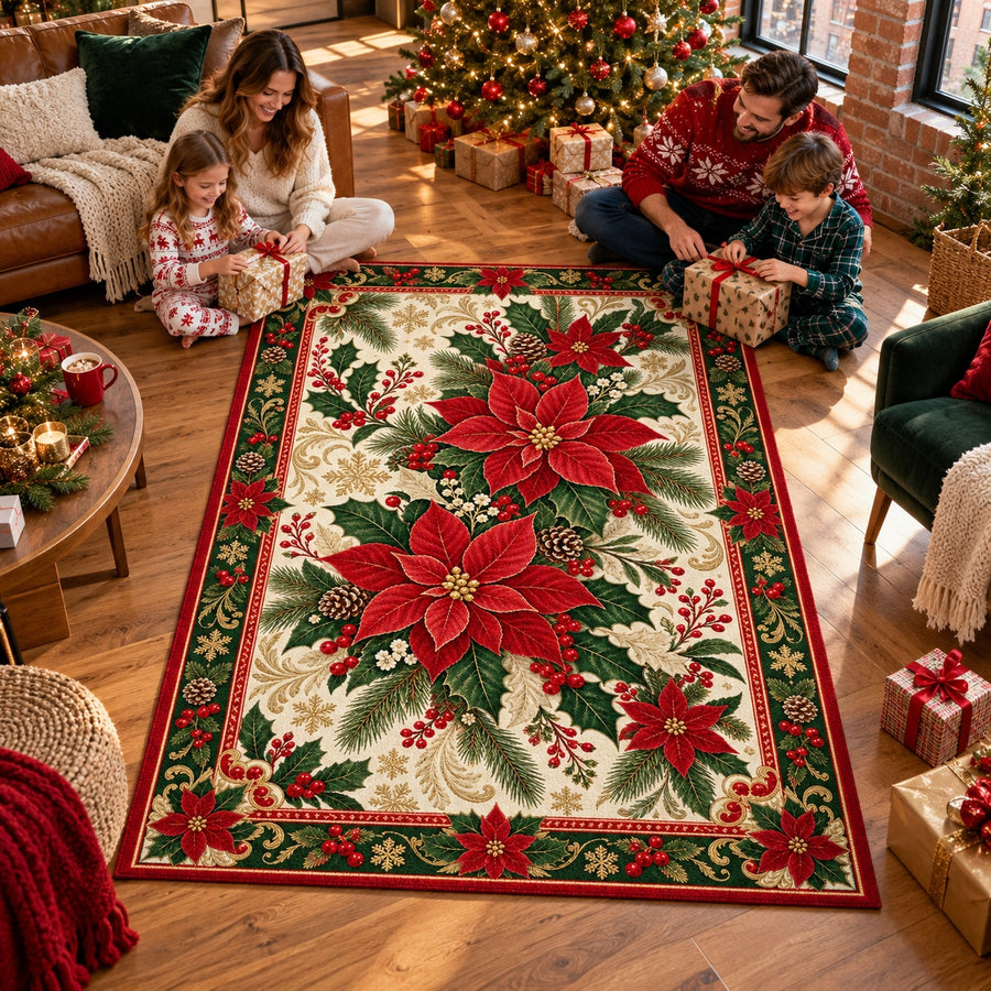 Poinsettia & Holly Washable Christmas Rug RW8033 styled in a festive living room – view 1