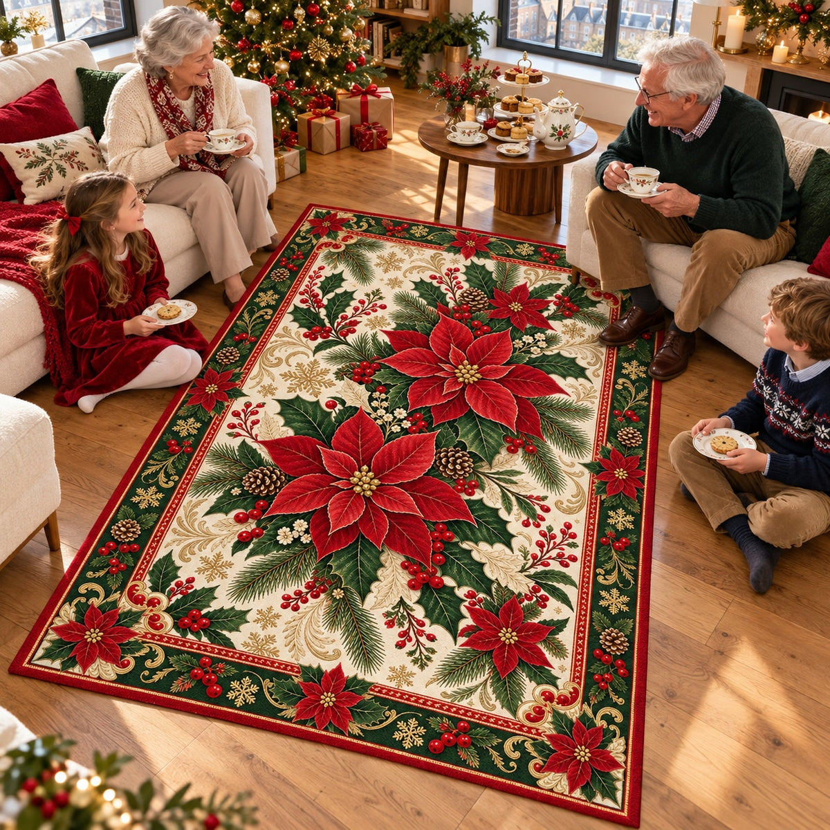 Poinsettia & Holly Washable Christmas Rug RW8033 styled in a festive living room – view 4