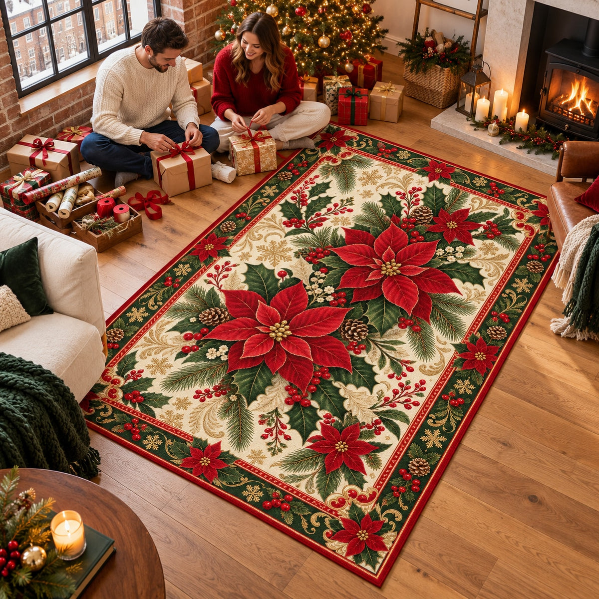 Poinsettia & Holly Washable Christmas Rug RW8033 styled in a festive living room – view 5
