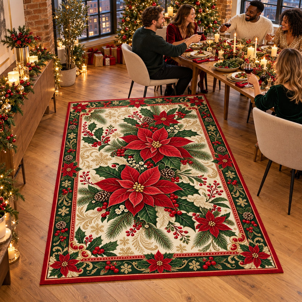 Poinsettia & Holly Washable Christmas Rug RW8033 styled in a festive living room – view 7
