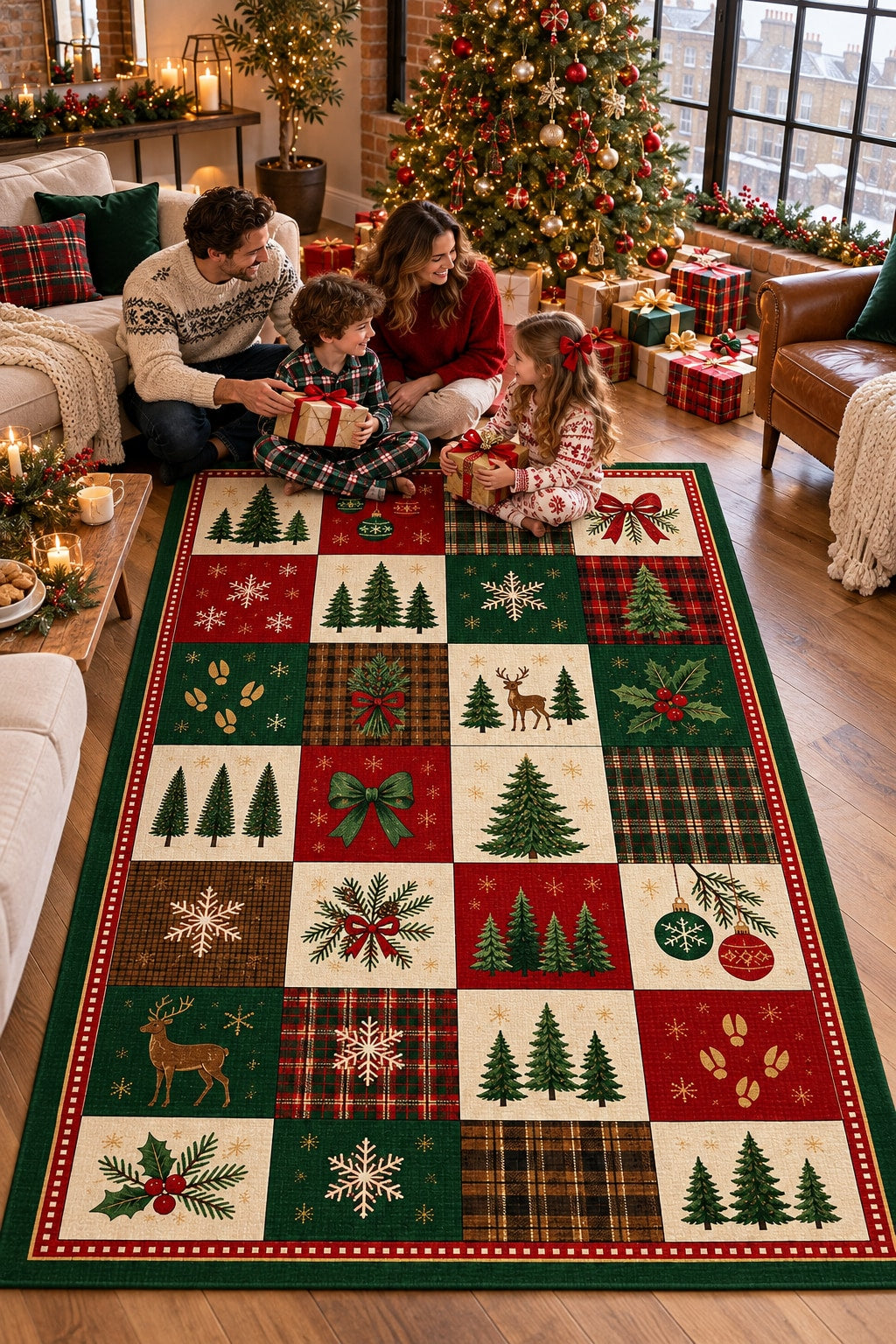 Christmas Tree Farm Checker Washable Rug RW8034 styled in a festive living room – view 1