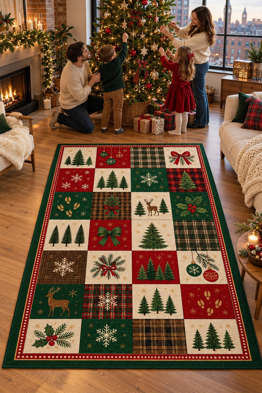 Christmas Tree Farm Checker Washable Rug RW8034 styled in a festive living room – view 3