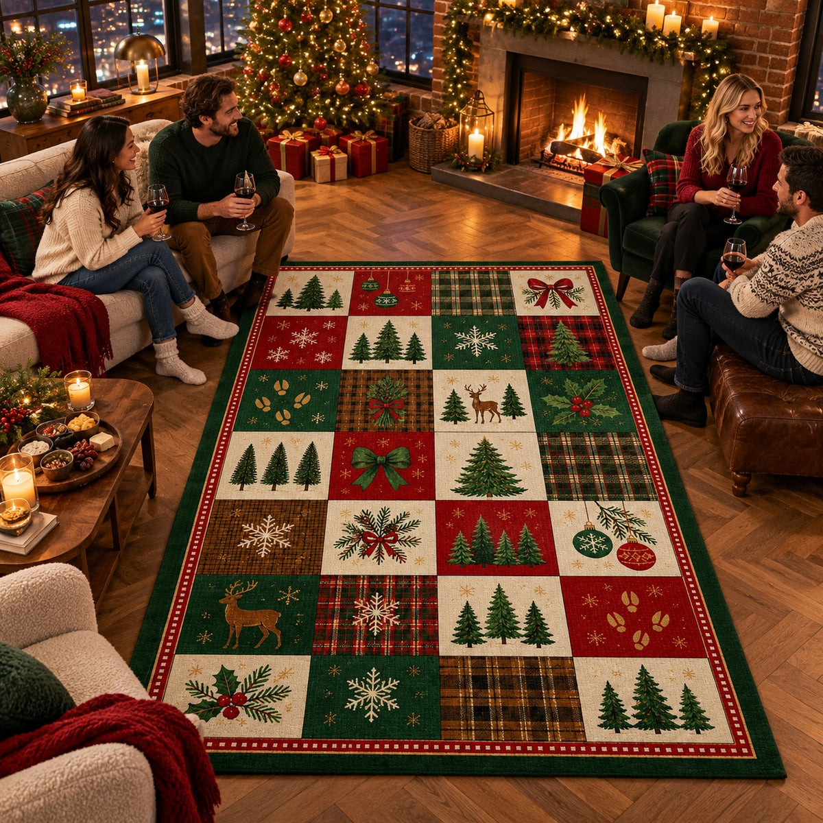 Christmas Tree Farm Checker Washable Rug RW8034 styled in a festive living room – view 4