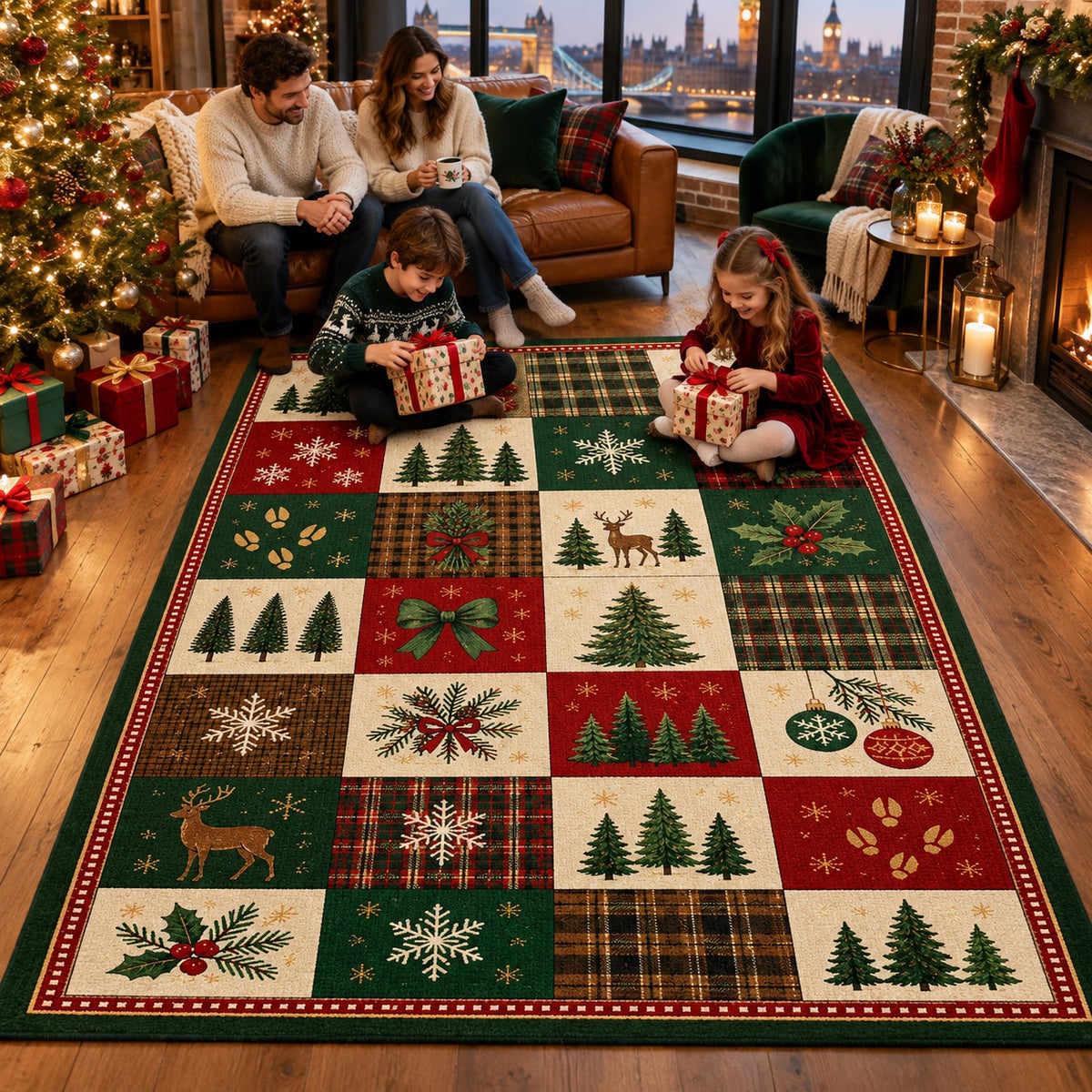 Christmas Tree Farm Checker Washable Rug RW8034 styled in a festive living room – view 8