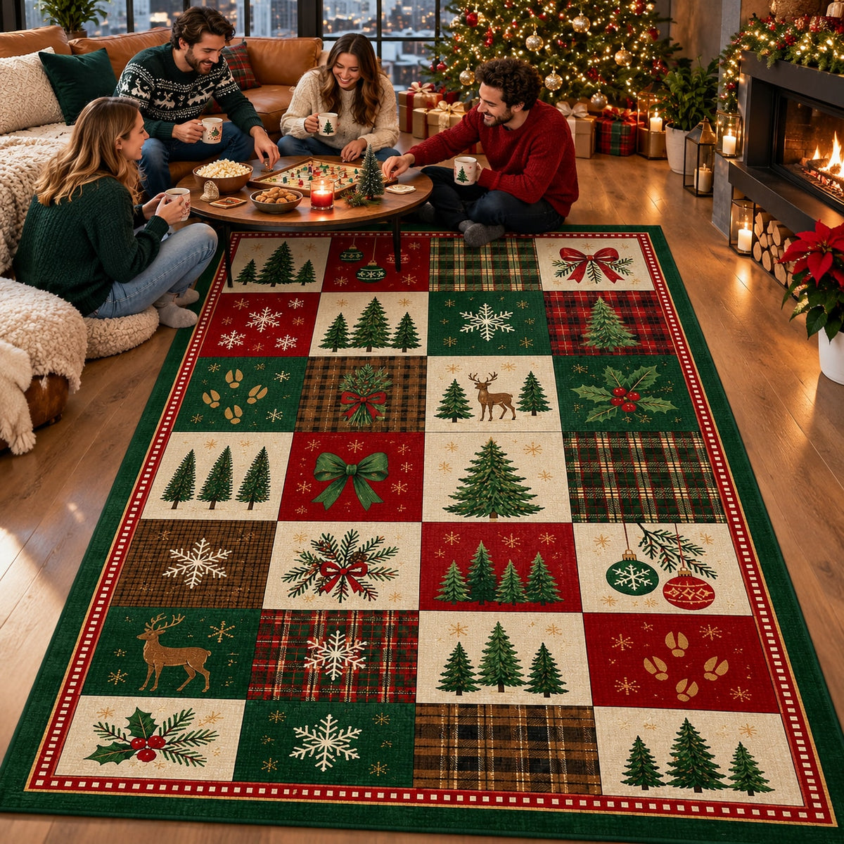 Christmas Tree Farm Checker Washable Rug RW8034 styled in a festive living room – view 9