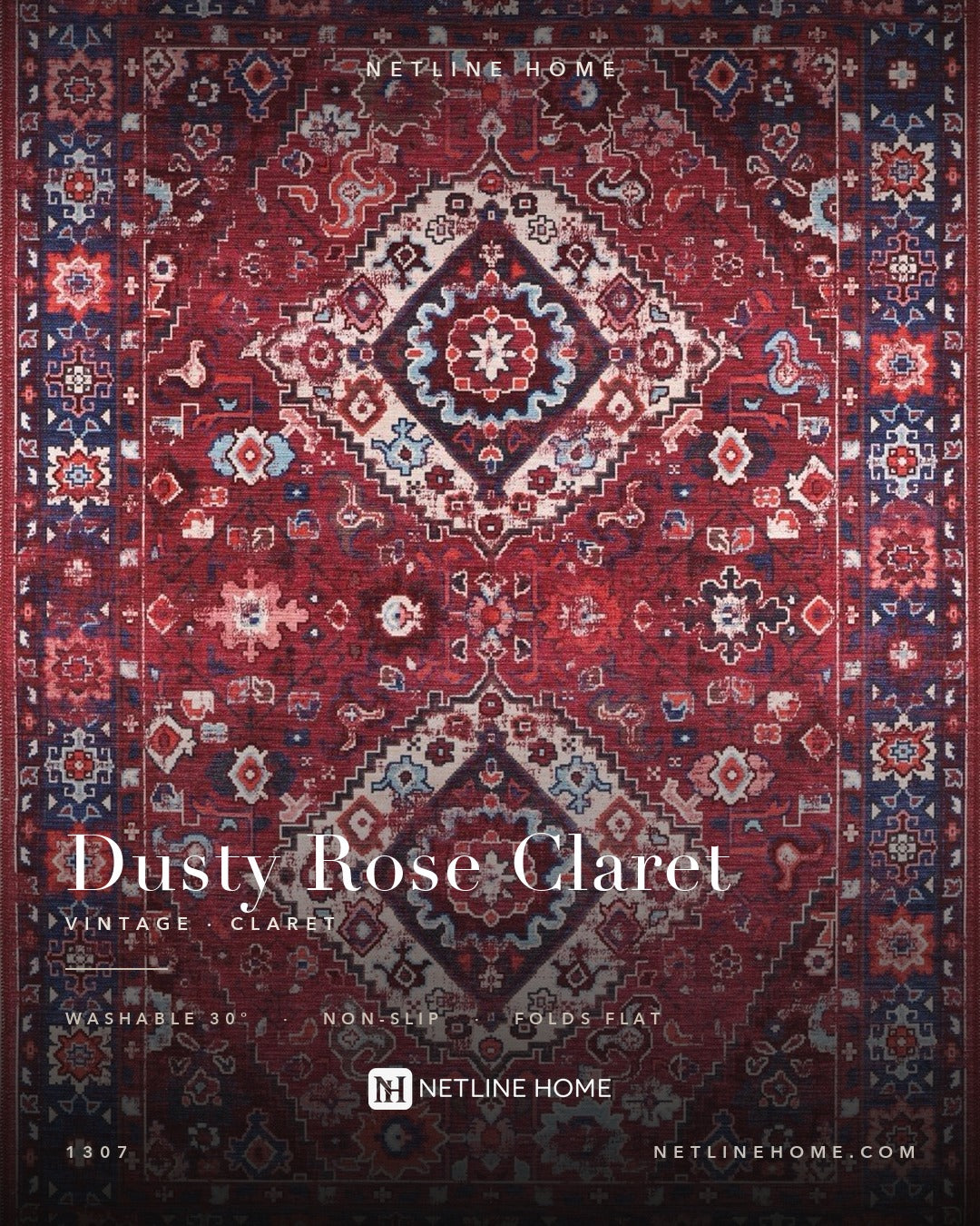 Curated Floral Deep Red Vintage Washable Rug — Design overview (RW1307)