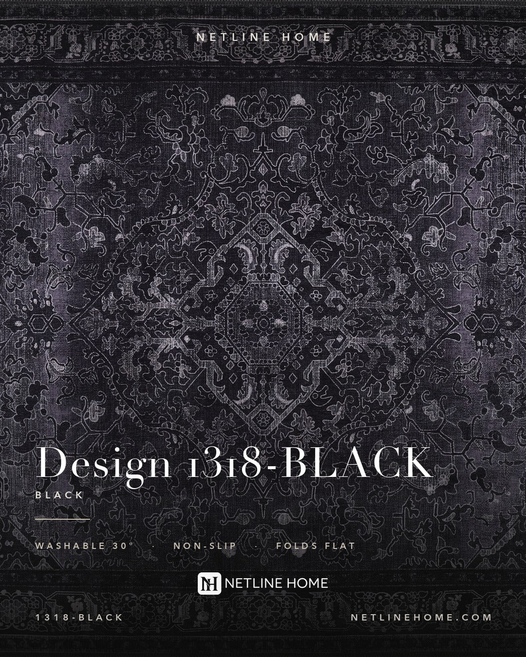 Tribal Black Geometric Medallion Washable Rug Design 1318 — Design overview (RW1318-BLACK)