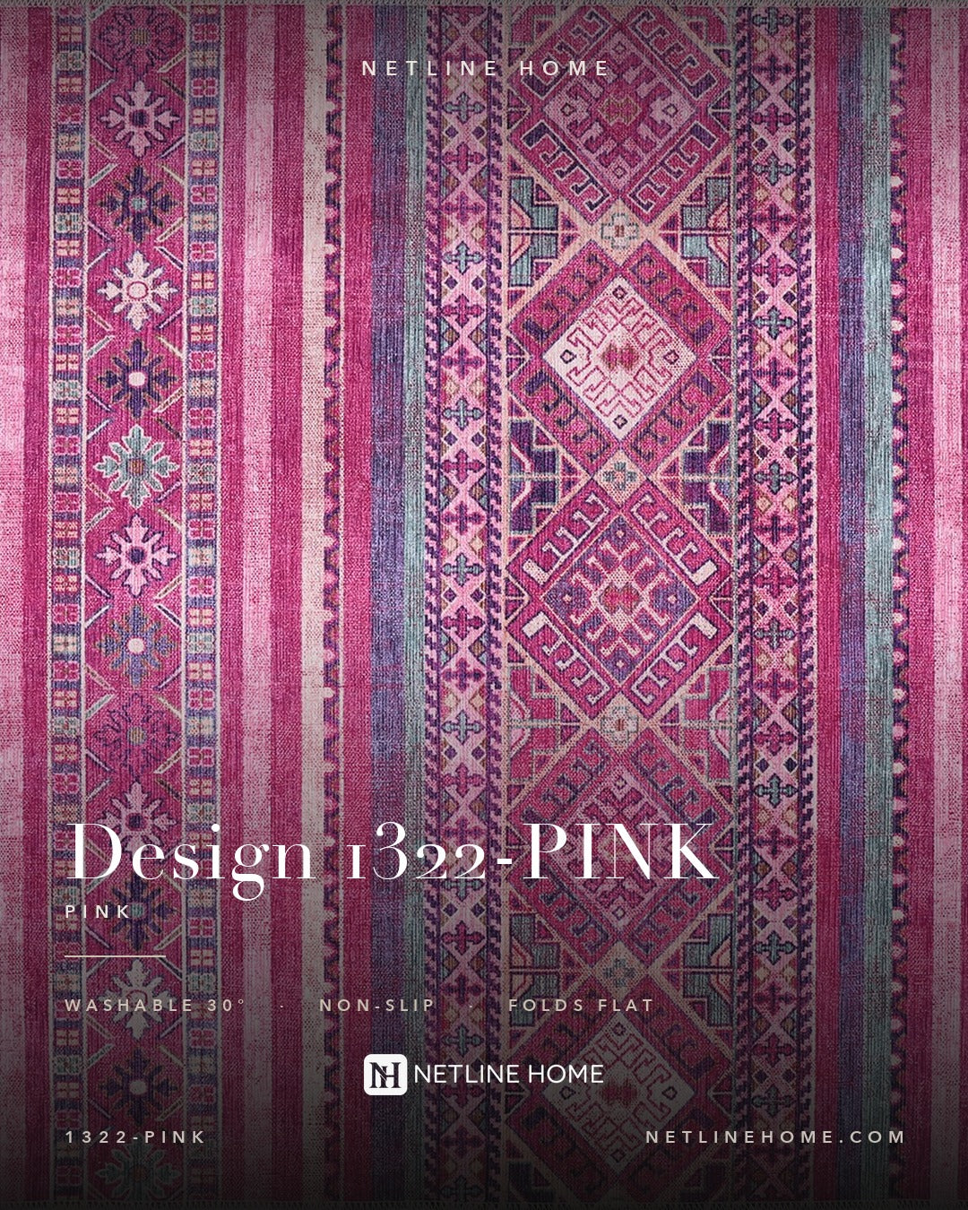 Bohemian Pink Striped Washable Rug Design 1322P — Design overview (RW1322-PINK)