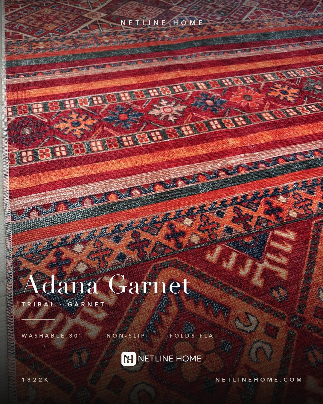 Loomed Geometry Deep Red Heritage Washable Rug — Design overview (RW1322K)