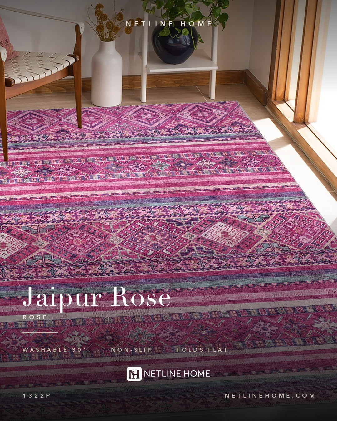Quiet Floral Soft Pink Bohemian Washable Rug — Design overview (RW1322P)