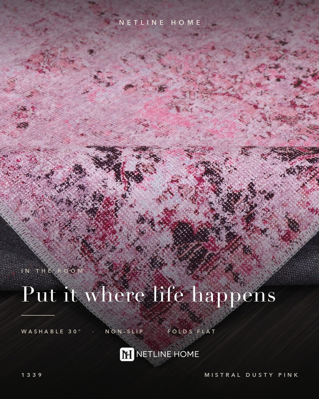 Grand Floral Muted Pink Abstract Washable Rug — Bedroom lifestyle (RW1339)