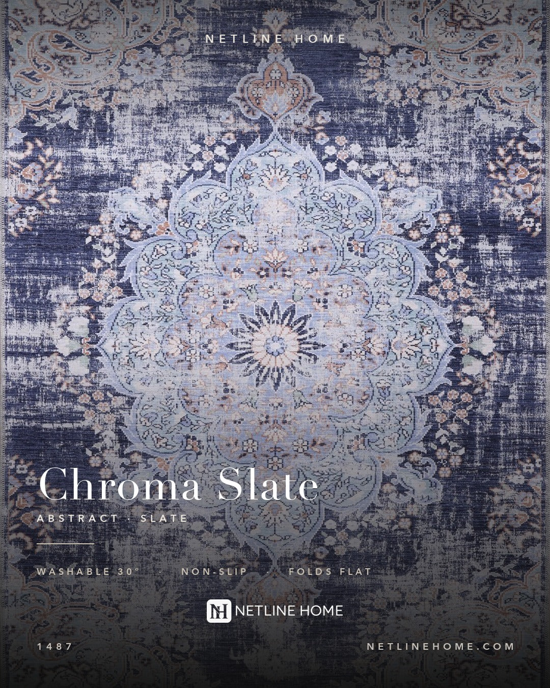 Muted Watercolour Slate Grey Abstract Washable Rug — Design overview (RW1487)