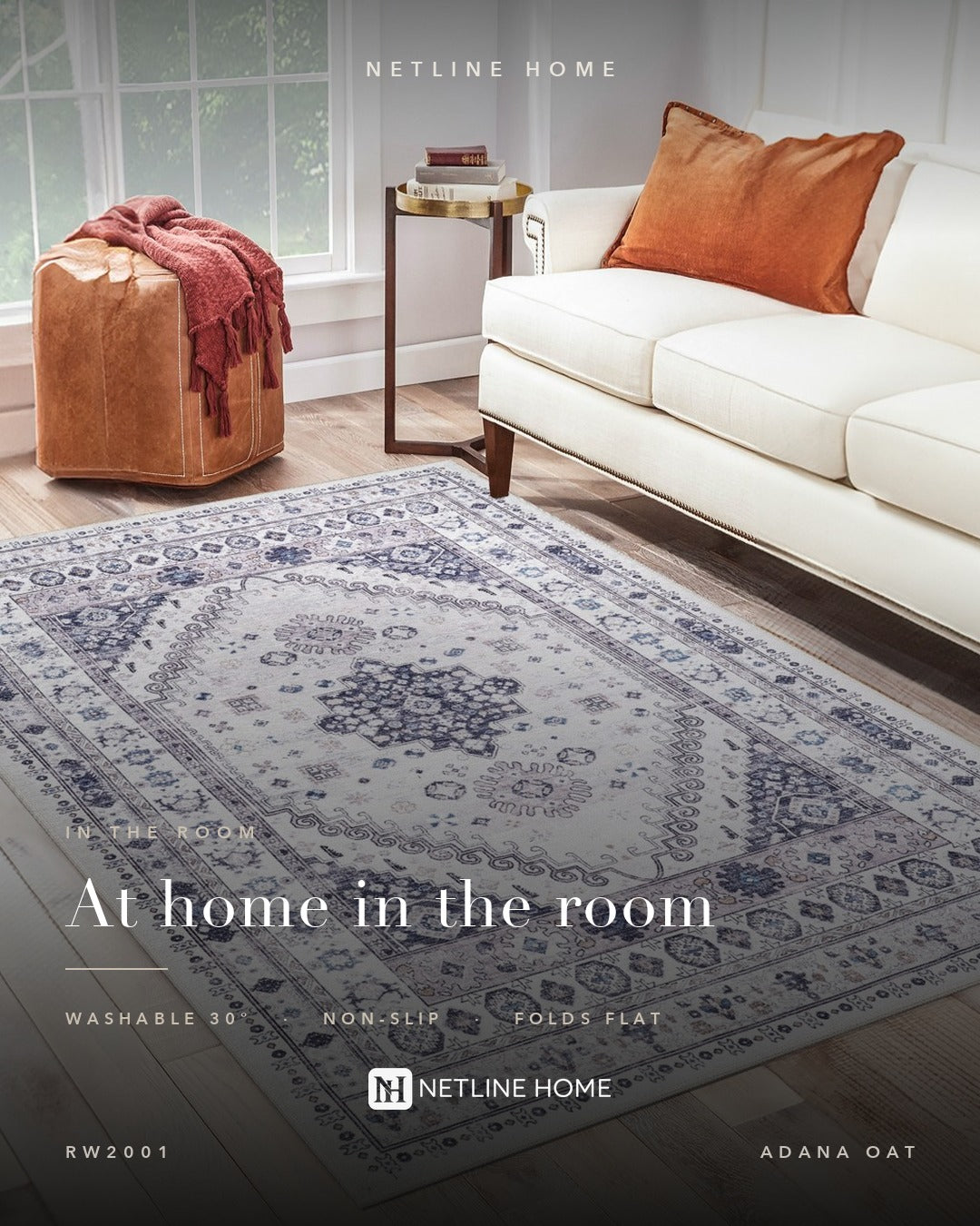 Loomed Geometry Natural Beige Heritage Washable Rug — Bedroom lifestyle (RW2001)