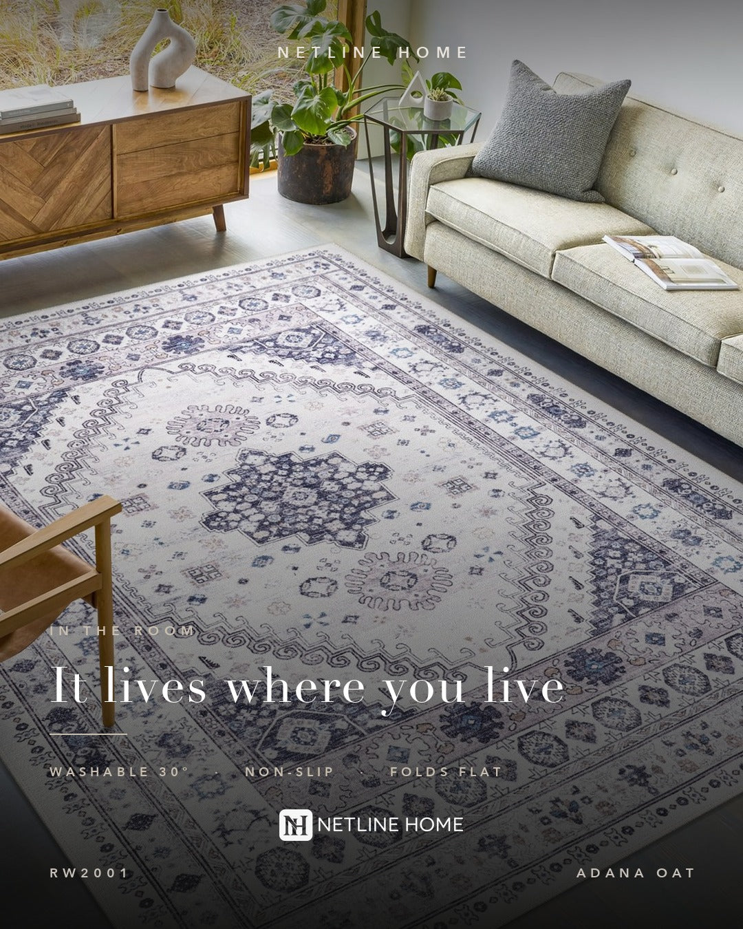 Loomed Geometry Natural Beige Heritage Washable Rug — Room lifestyle (RW2001)