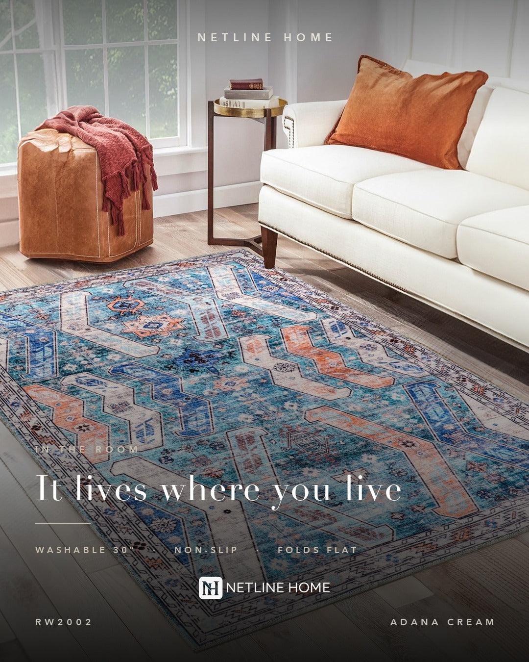 Loomed Geometry Warm White Heritage Washable Rug — Bedroom lifestyle (RW2002)