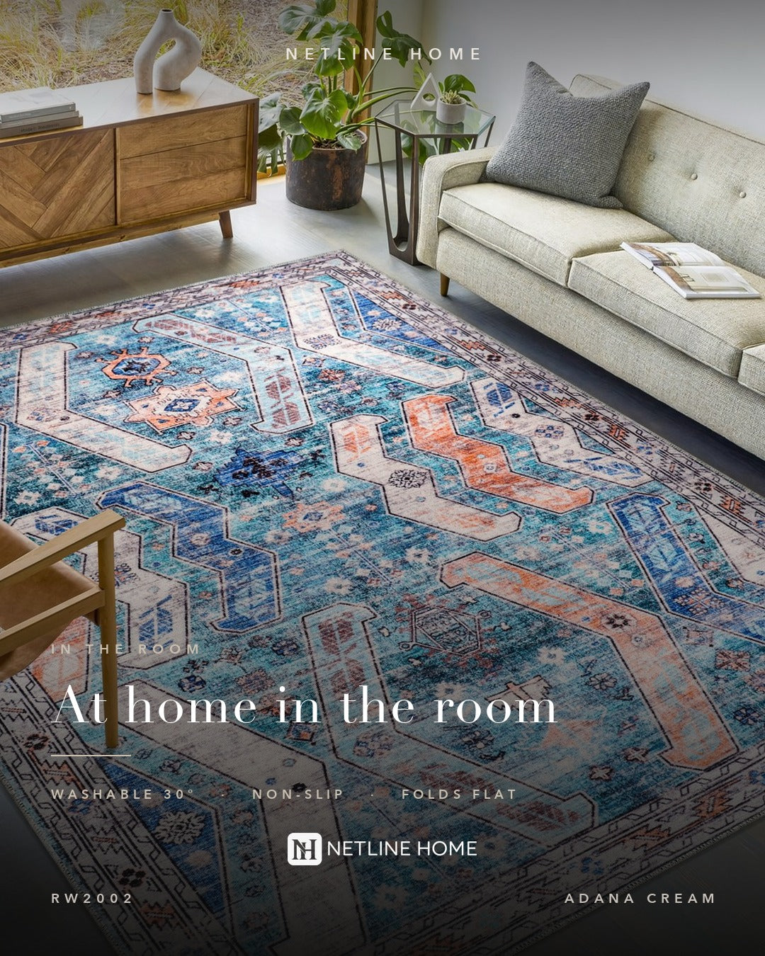 Loomed Geometry Warm White Heritage Washable Rug — Room lifestyle (RW2002)