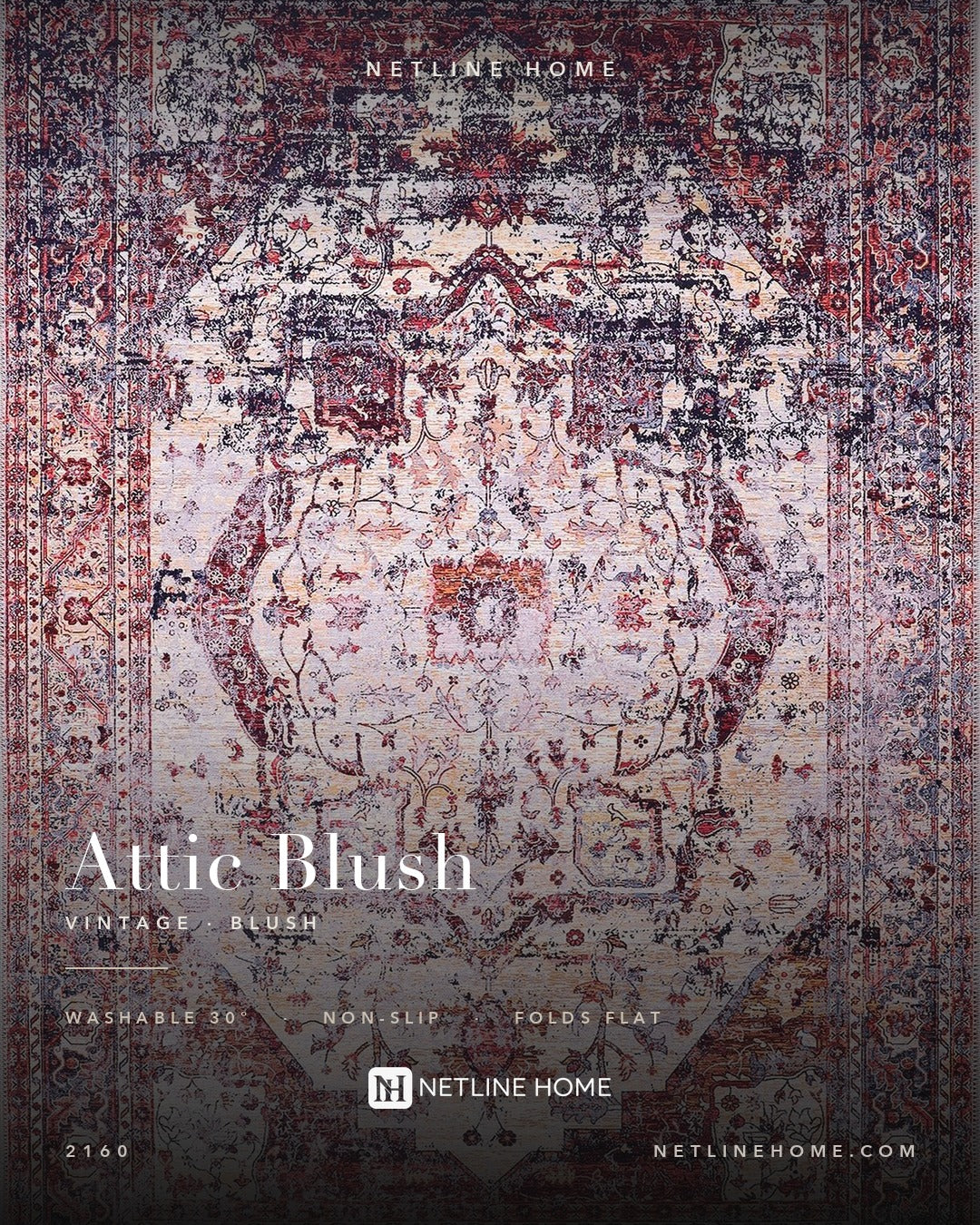 Linked Patina Soft Pink Vintage Washable Rug — Design overview (RW2160)