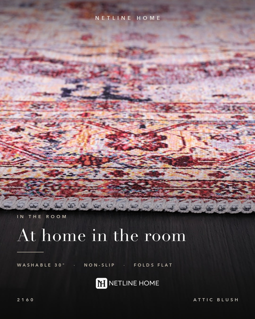 Linked Patina Soft Pink Vintage Washable Rug — Bedroom lifestyle (RW2160)
