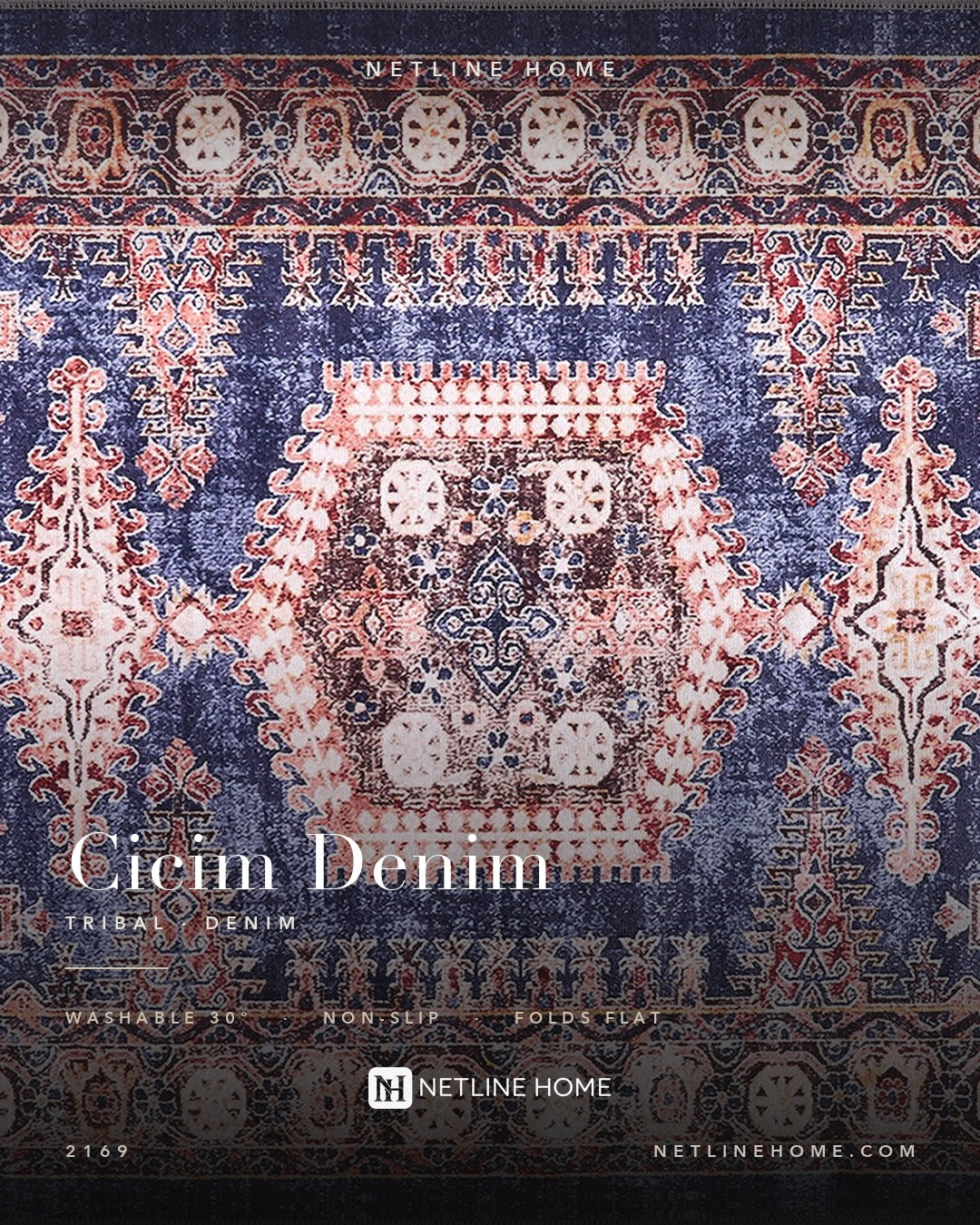 Evening Heritage Mid Blue Washable Rug — Design overview (RW2169)