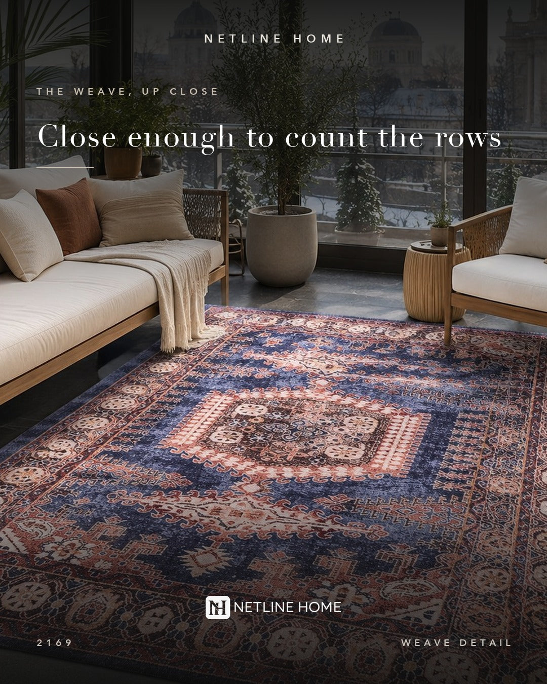 Evening Heritage Mid Blue Washable Rug — Weave detail (RW2169)