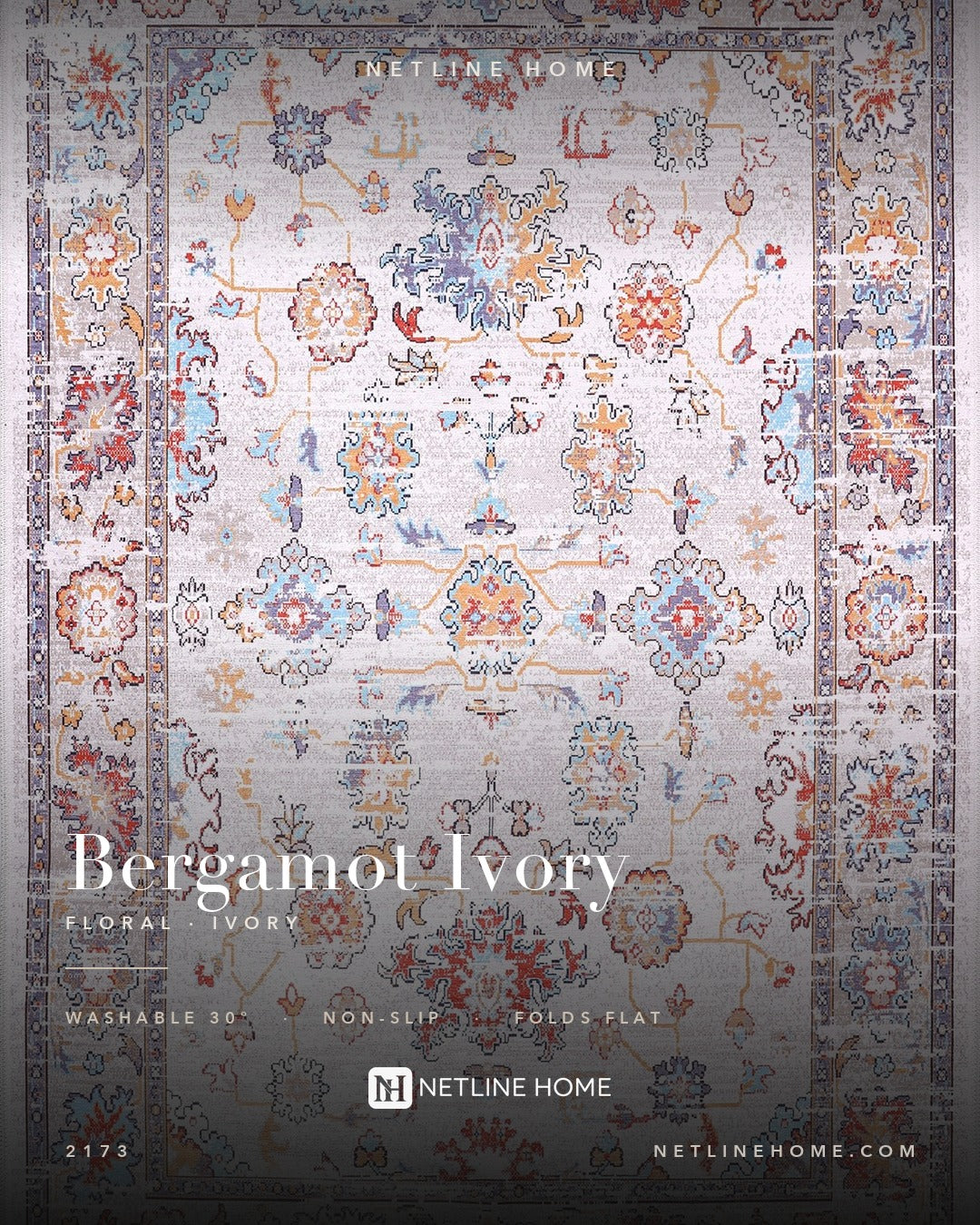 Century Floral Off White Washable Rug — Design overview (RW2173)