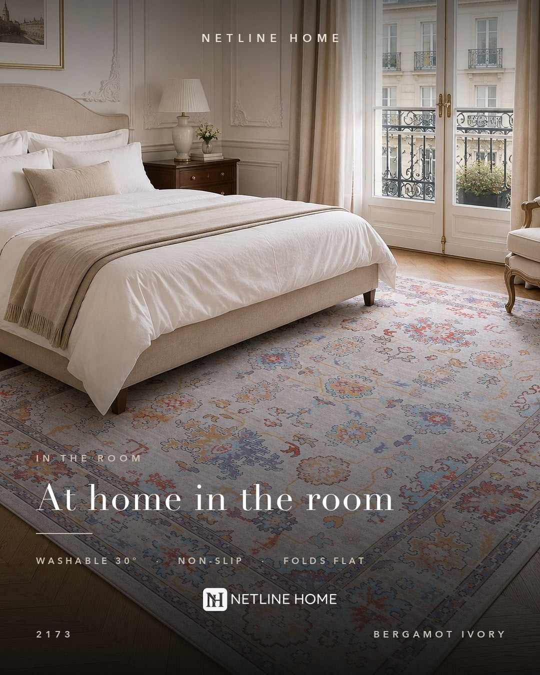 Century Floral Off White Washable Rug — Bedroom lifestyle (RW2173)