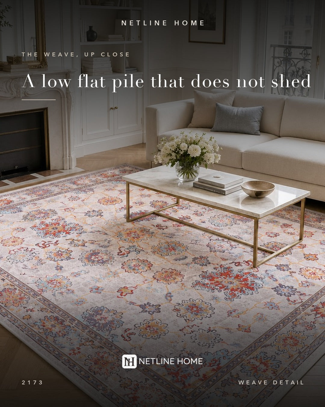 Century Floral Off White Washable Rug — Weave detail (RW2173)
