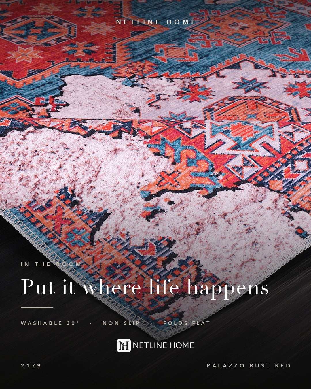 Crossed Border Burnt Red Traditional Washable Rug — Room lifestyle (RW2179)