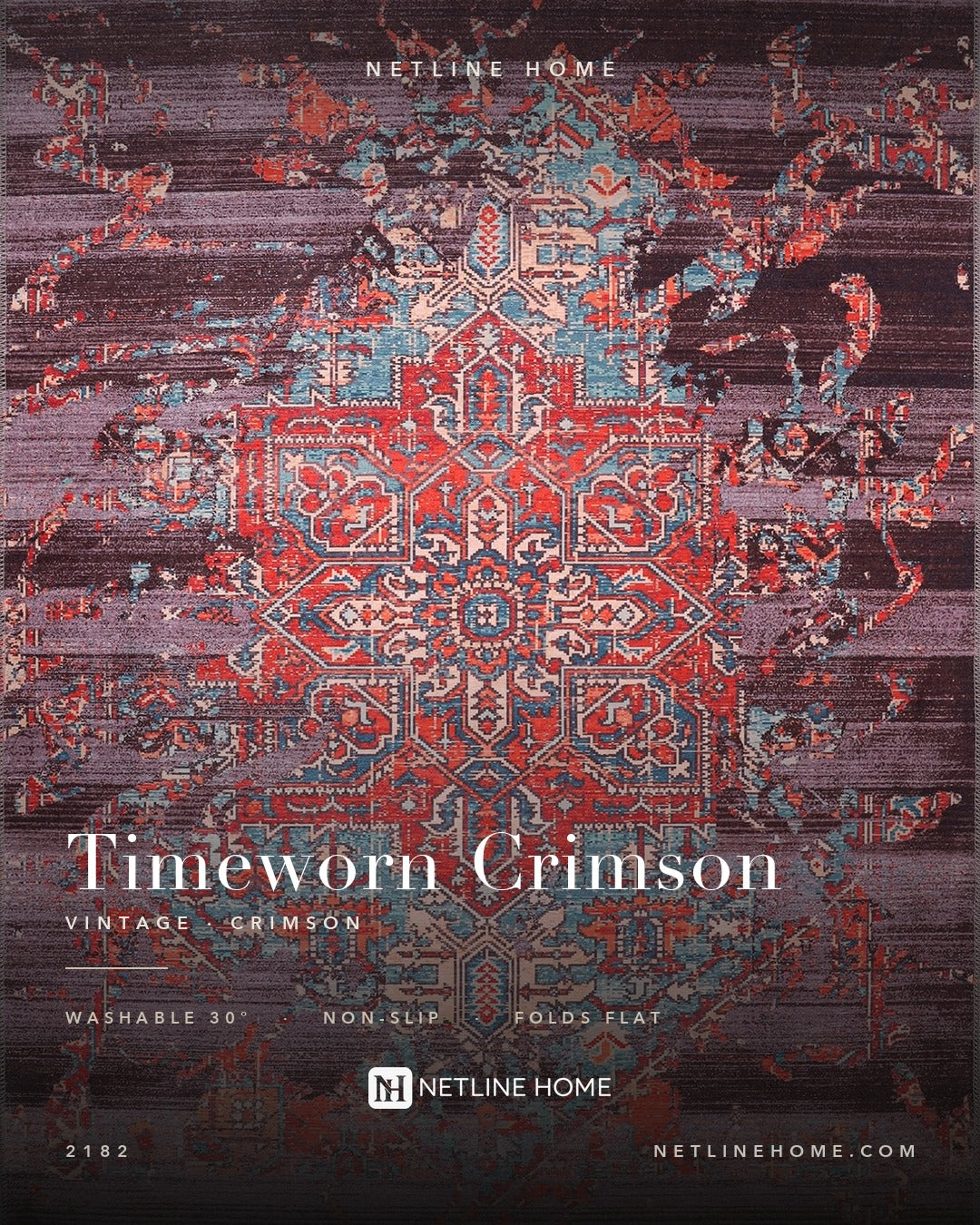 Century Patina Crimson Red Vintage Washable Rug — Design overview (RW2182)