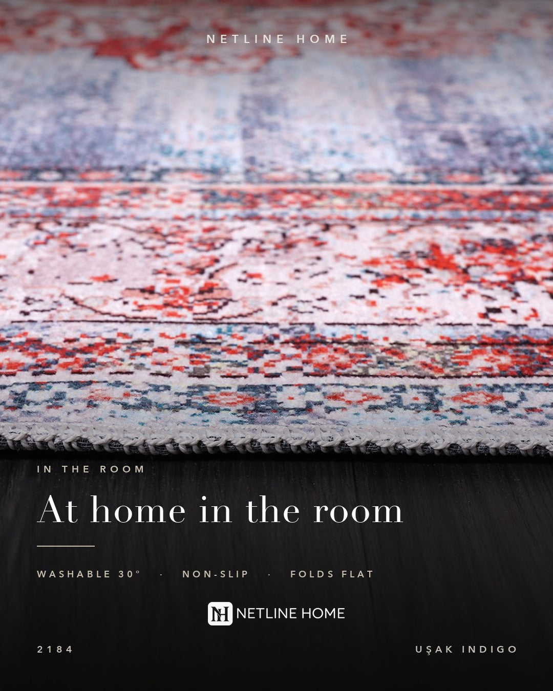 Painted Medallion Indigo Blue Traditional Washable Rug — Bedroom lifestyle (RW2184)