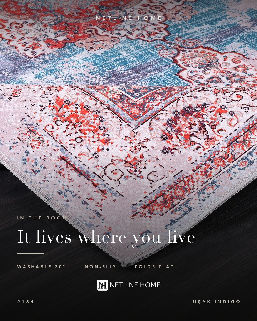 Painted Medallion Indigo Blue Traditional Washable Rug — Room lifestyle (RW2184)